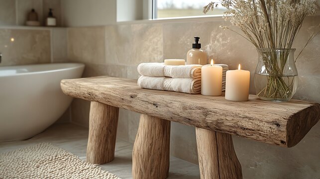 Rustic inspired bathroom with a wooden stool candles and a soothing mocha mousse color palette