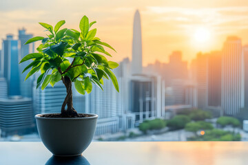 Fototapeta premium Serene bonsai tree in pot, vibrant green leaves against a blurred cityscape sunset backdrop. Ideal for themes of peace, growth, and urban nature.