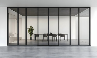 Fototapeta premium Modern office interior design featuring sleek black framed glass partitions, showcasing a minimalist meeting room with dark furniture and a polished concrete floor.
