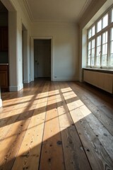 Sunlight Illuminates Empty Room's Gleaming Hardwood Floor, Creating a Serene Atmosphere of Potential and Renewal