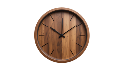 Modern Wooden Wall Clock With Minimalistic Design and Black Hands on a transparent background