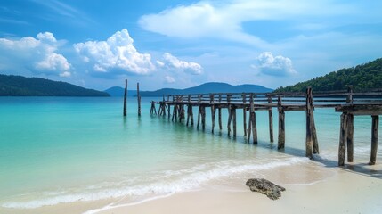 Fototapeta premium Tropical beach pier, turquoise water, island background, travel postcard
