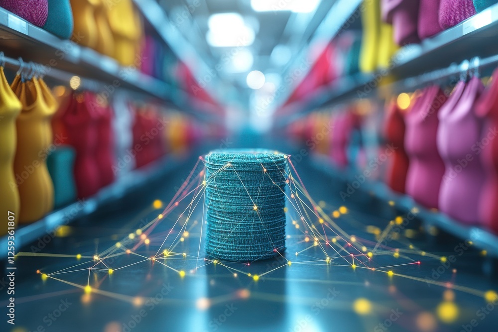 Poster a vibrant display of colorful spools of thread, with a central focus on a digitalized spool connecte