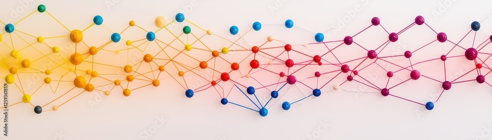 Poster colorful abstract network design with nodes and connections.