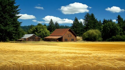 Golden Wheat Field with Rustic Barns under a Sunny Sky