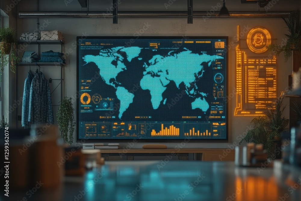 Poster a modern workspace featuring a large screen displaying a world map with data visualizations, illumin