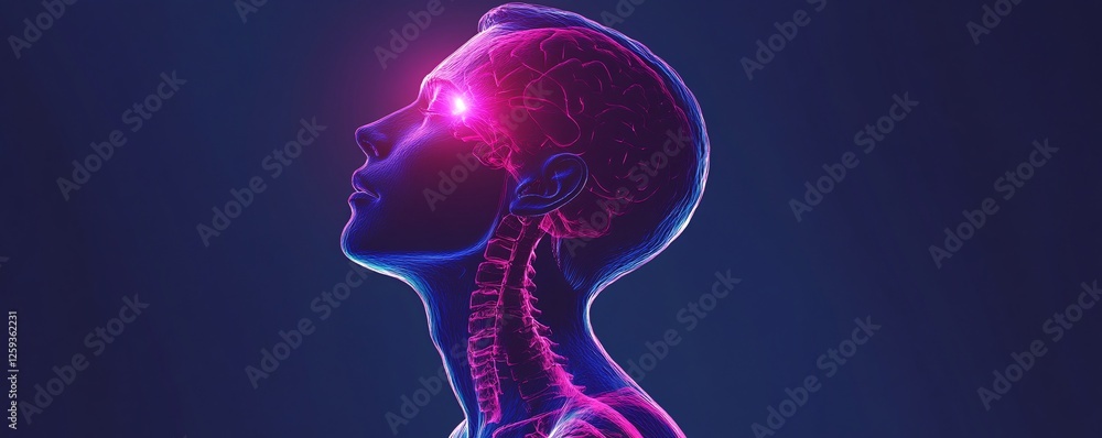 Poster human anatomy showing brain activity glowing from head side view