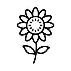 Sunflower icon in black outline with symmetrical petals and leaves, perfect for nature, floral, gardening, and eco-friendly themed digital or print designs