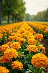 Vibrant yellow marigolds blooming in a picturesque garden path, creating a stunning natural vista of rows of flowers extending into the distance