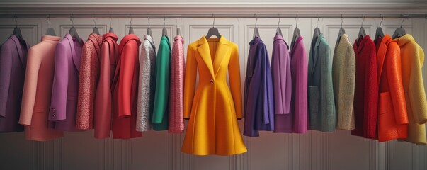 A vibrant display of colorful coats hanging on hangers, featuring a standout yellow coat in the center.