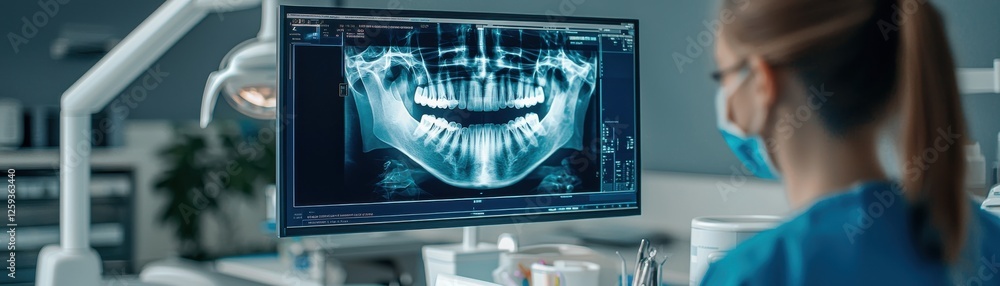 Poster dentist analyzing x-ray image on a high-tech computer screen.