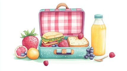 A picnic lunch box, sandwich, fruit, juice bottle, soft pastel aesthetic, vintage-style illustration, isolated on white background. 