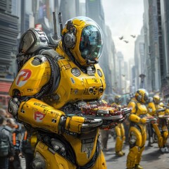 Yellow Robotic Delivery Unit In Futuristic City