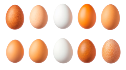 A variety of eggs in different colors and sizes isolated on a blank background.