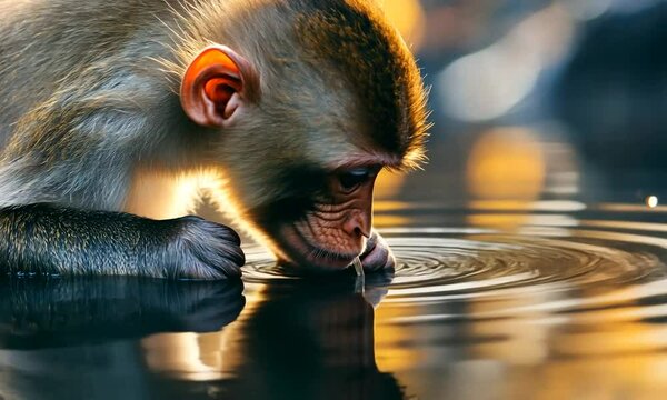 Monkey drinking water from a serene pond at sunset
