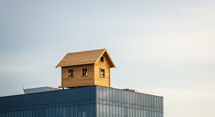 Juxtaposition of humble abode atop glassy modern edifice creates dichotomy