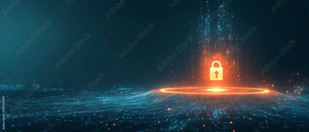 Poster aipowered cybersecurity network, businessman securing global data flow with a glowing padlock shield