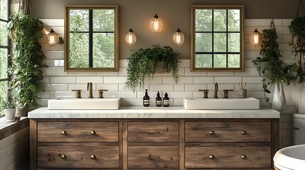 Modern farmhouse bathroom featuring wooden vanity soft lighting and brass framed mirrors against mocha mousse walls