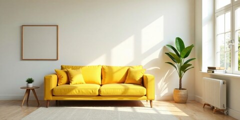 Bright Yellow Sofa in Sunlit Room with Minimalist Decor and Empty Frame