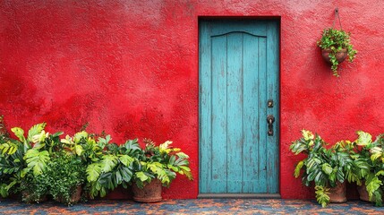 Vibrant red wall with a blue wooden door surrounded by lush green plants and decorative pot