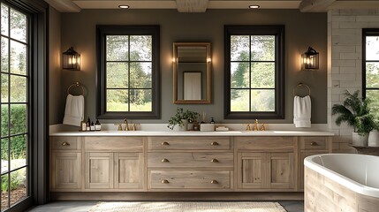 Modern farmhouse bathroom featuring wooden vanity soft lighting and brass framed mirrors against mocha mousse walls