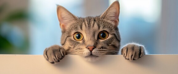 Curious grey cat peeking over white surface, blurred indoor background, ideal for pet ads