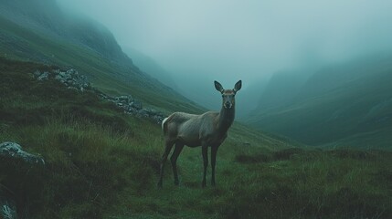 Serene deer standing in a misty valley surrounded by lush green hills and fog
