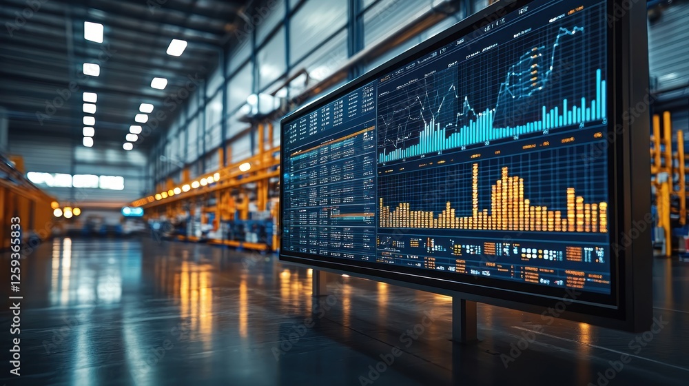 Poster large display shows financial data in factory setting
