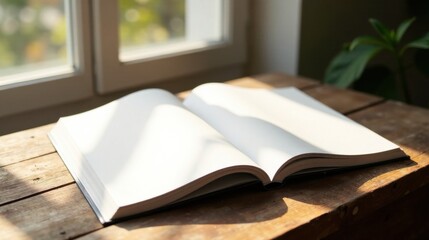 Open book rests on rustic wooden surface bathed in sunlight near window
