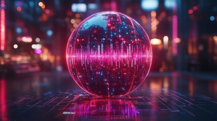 Futuristic glowing sphere with digital data patterns in a vibrant urban setting at night