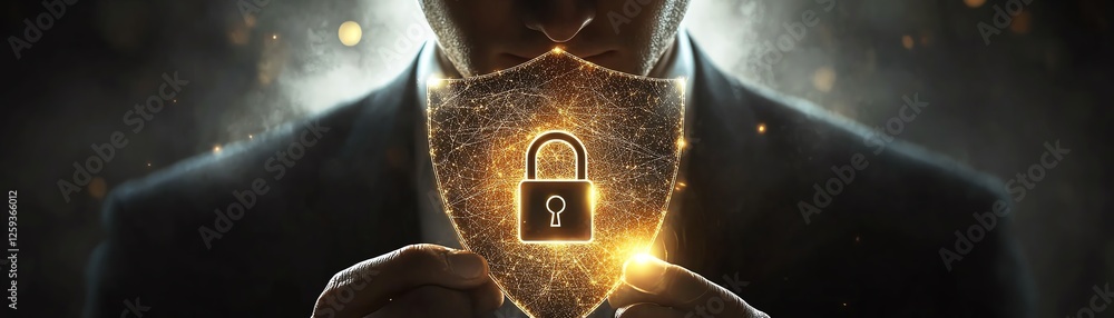 Poster cybersecurity concept, businessman holding a virtual shield with a padlock, data protection in globa