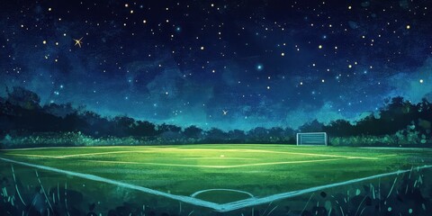 Illuminated soccer field under starry night with trees in background