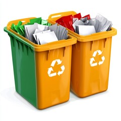 Colorful Recycling Bins for Paper Waste with Various Colored Papers and Cardboard Inside on a White Background