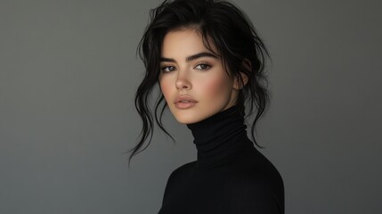 Fototapeta premium Woman, turtleneck, studio portrait, grey background, beauty (1)