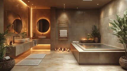 Cozy spa like bathroom with soft lighting brass framed mirrors and mocha mousse walls