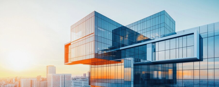 Modern architecture with glass facade at sunset in a cityscape.