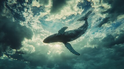 Fototapeta premium Whale swimming beneath stormy clouds. Ocean wildlife, nature scene