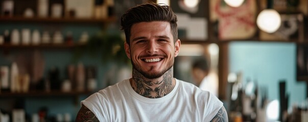Handsome male barber smiling in barbershop