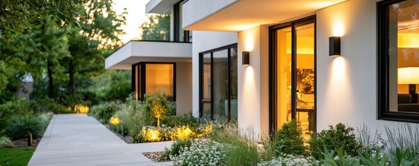 Modern home exterior with beautiful landscaping and evening lights.
