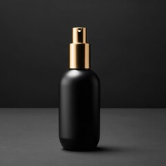 Elegant black spray bottle with a golden lid on a minimalistic dark background for beauty product photography