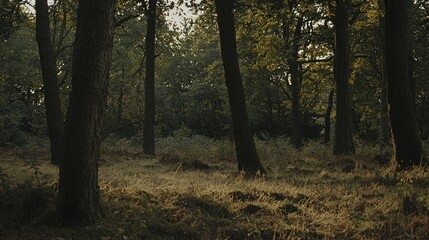 Obraz premium Serene forest landscape with tall trees, soft sunlight filtering through leaves, and a tranquil atmosphere