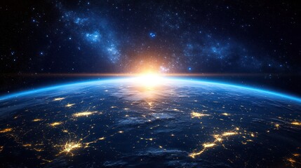 Obraz premium Sunrise Earth space Milky Way night city lights