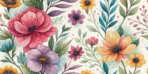 Watercolor Flower Landscape, Textured Floral Digital Art, Botanical Painting, Nature Scenery, Spring Blossom