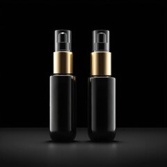 Obraz premium Elegant Black Cosmetic Bottles with Gold Accents on Dark Background for Skincare or Fragrance Presentation
