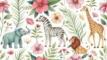 Obraz premium Watercolor Zoo Animals Floral Aerial Photography Backdrop - High Resolution Stock Image