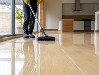 Person cleaning a shiny floor with a vacuum cleaner in a modern home.