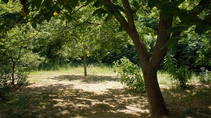Obraz premium Serene forest clearing with lush greenery and sunlight filtering through the trees
