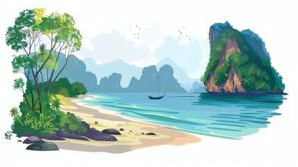 Tropical Beach Scene with Scenic Rock Formation and Calm Waters