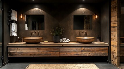 Modern rustic bathroom with brass lighting fixtures wooden countertops and mocha mousse colored walls