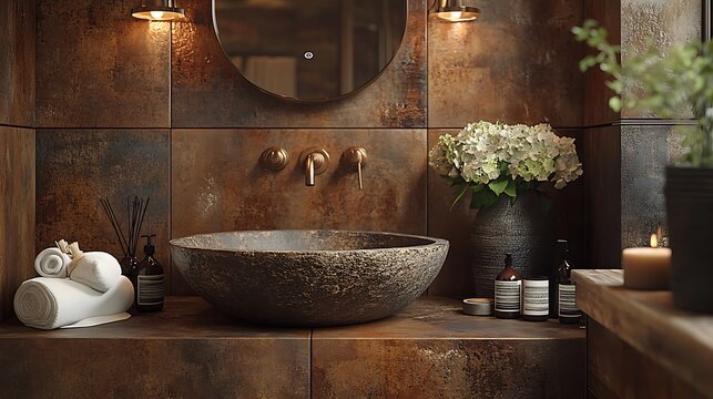 Rustic elegance in a bathroom with a stone sink brass faucets and mocha mousse toned walls